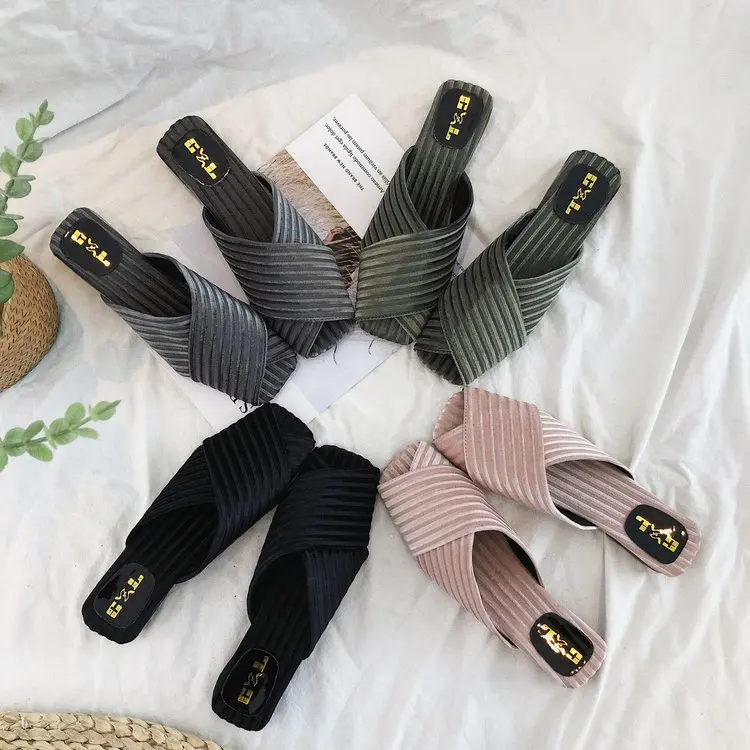 

Peep Toe Female Shoes Home Slippers Women's Slides Fashion 2022 Massage Summer Luxury Flat Fretwork Rubber Cotton Fabric Basic