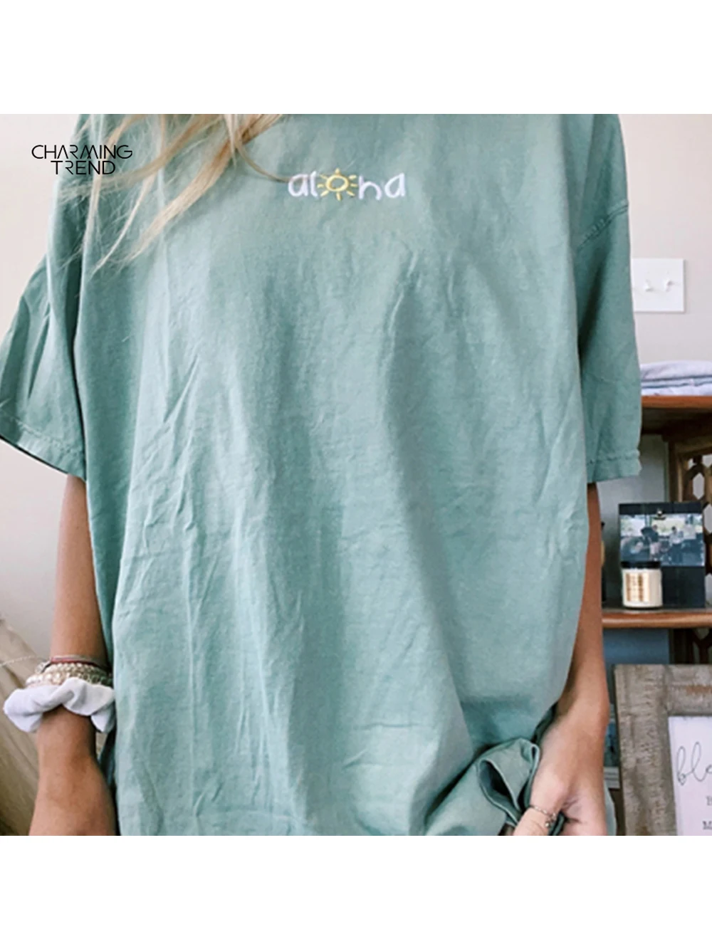 

Summer Blue Top Women’s Fashion Casual Short Long Sleeve Loose TShirts Female Oversized Tops INS Tops Streetwear Women's T-shirt