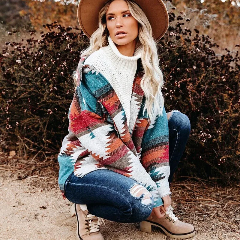 

Ladies Jersey Jacket Streetwear Women Splicing Loose Denim Jacket Print Aztec Retro Ethnic Style Long Sleeved Shirt Vintage Coat
