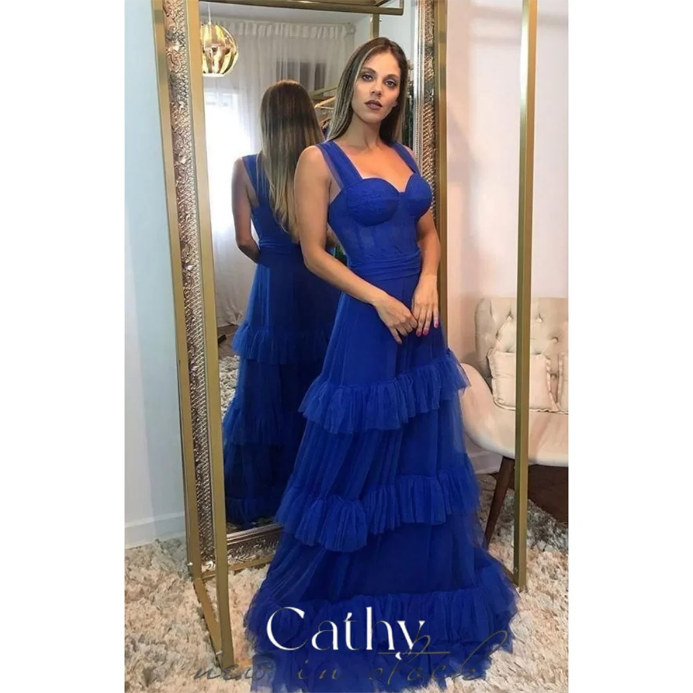 

Cathy Blue A-line Tulle Prom Dress Elegant Mesh Shoulder Strap فستان حفلات الزفاف Multilayer Strapless vestidos de festa