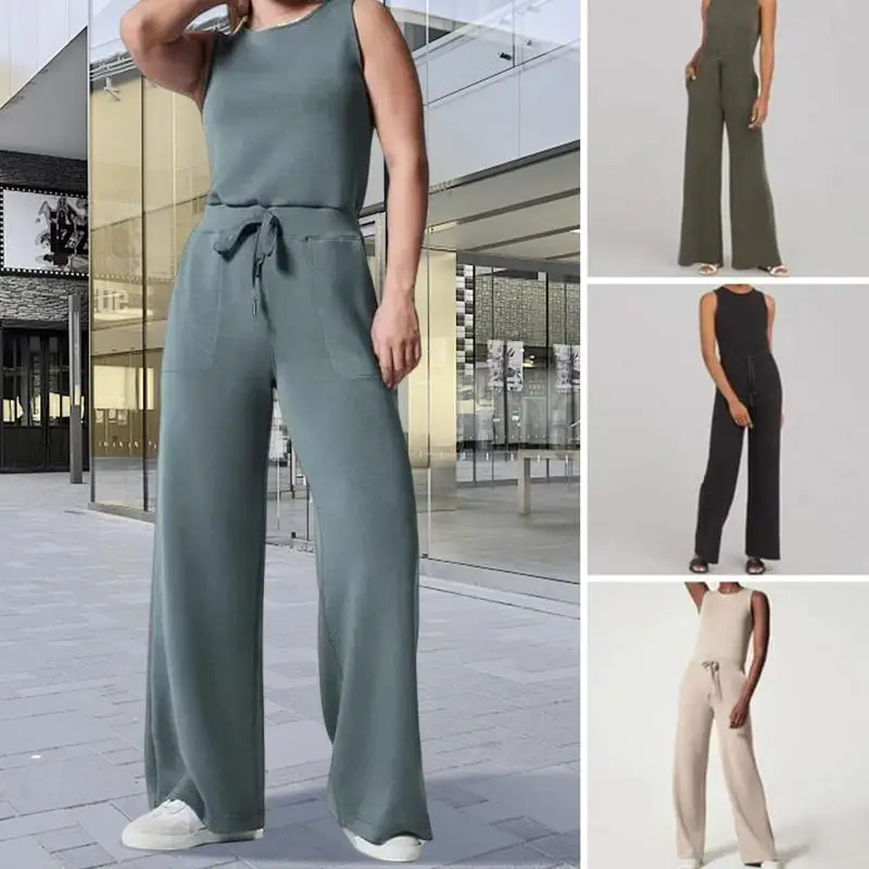 

Female Sleeveless Loose Jumpsuit Casual Wide Leg Rompers For Women Summer Crewneck Sleeveless Wide-leg Romper With Side Pockets