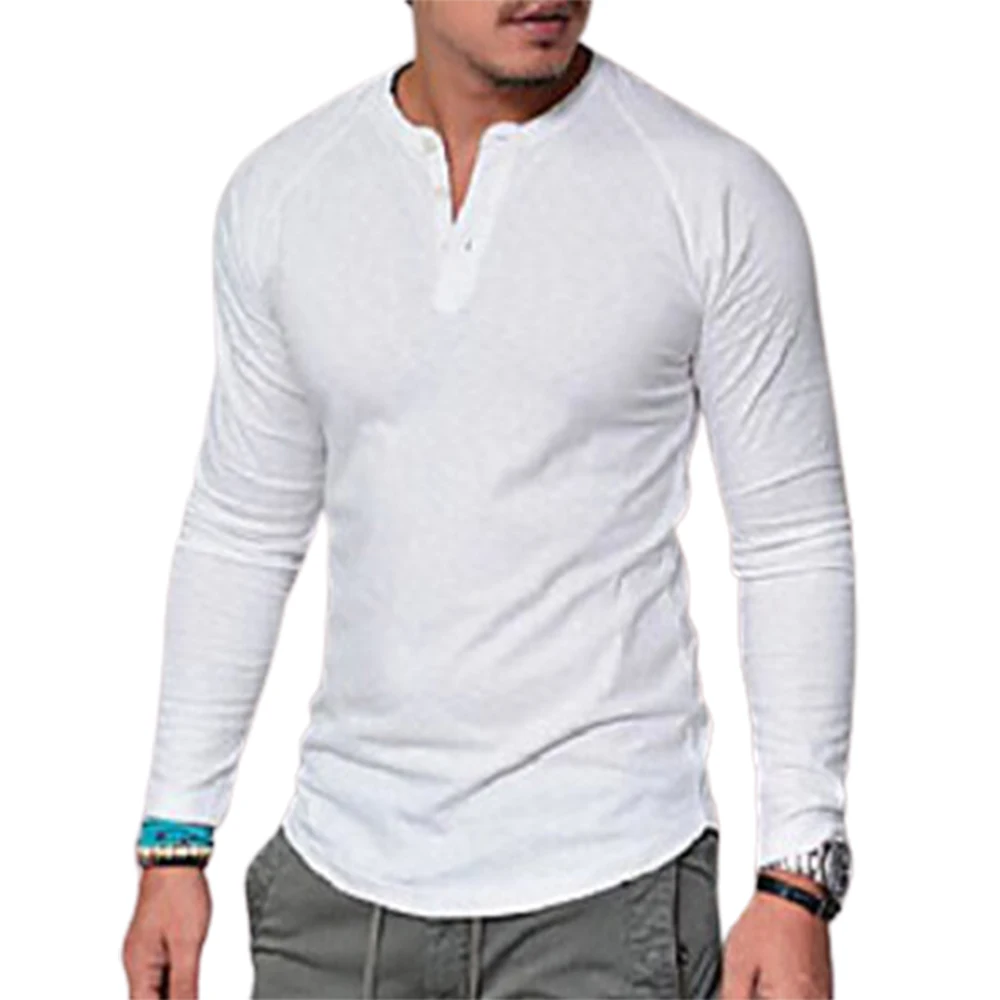 

VICABO Long Sleeve Shirt for Men Fashion Spring Autumn Mens Clothing V Neck Tops Slim Fit Casual Buttons Mens T Shirts White