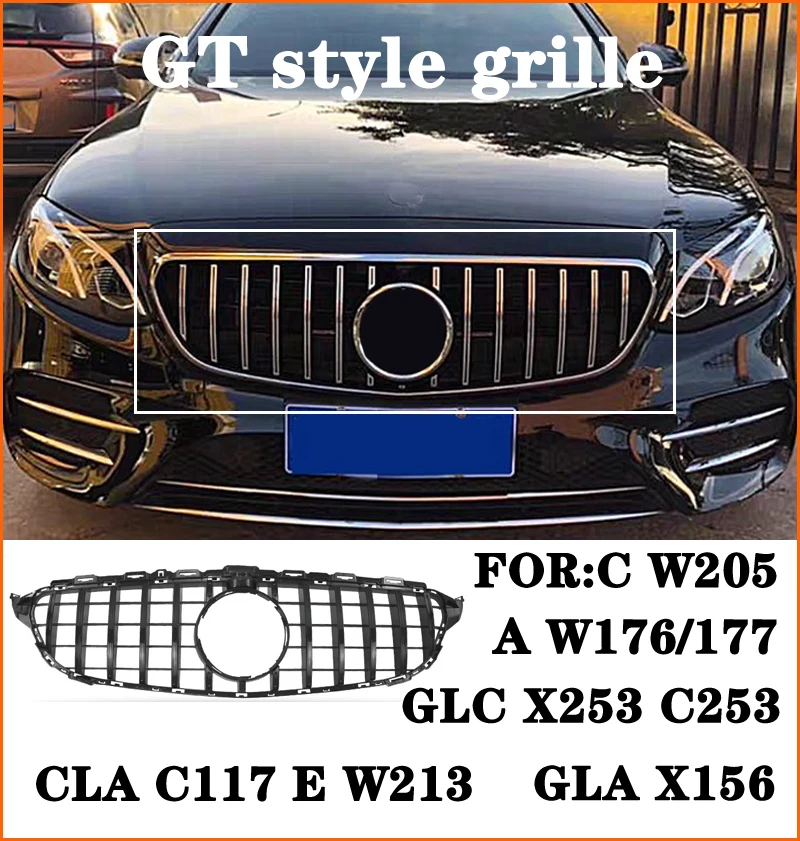 

GT AMG Style Front Grille Grill For Mercedes Benz C W205 C205 CLA C117 A W176 W177 GLA X156 GLC X253 E W213 GLE W166 C292 Black