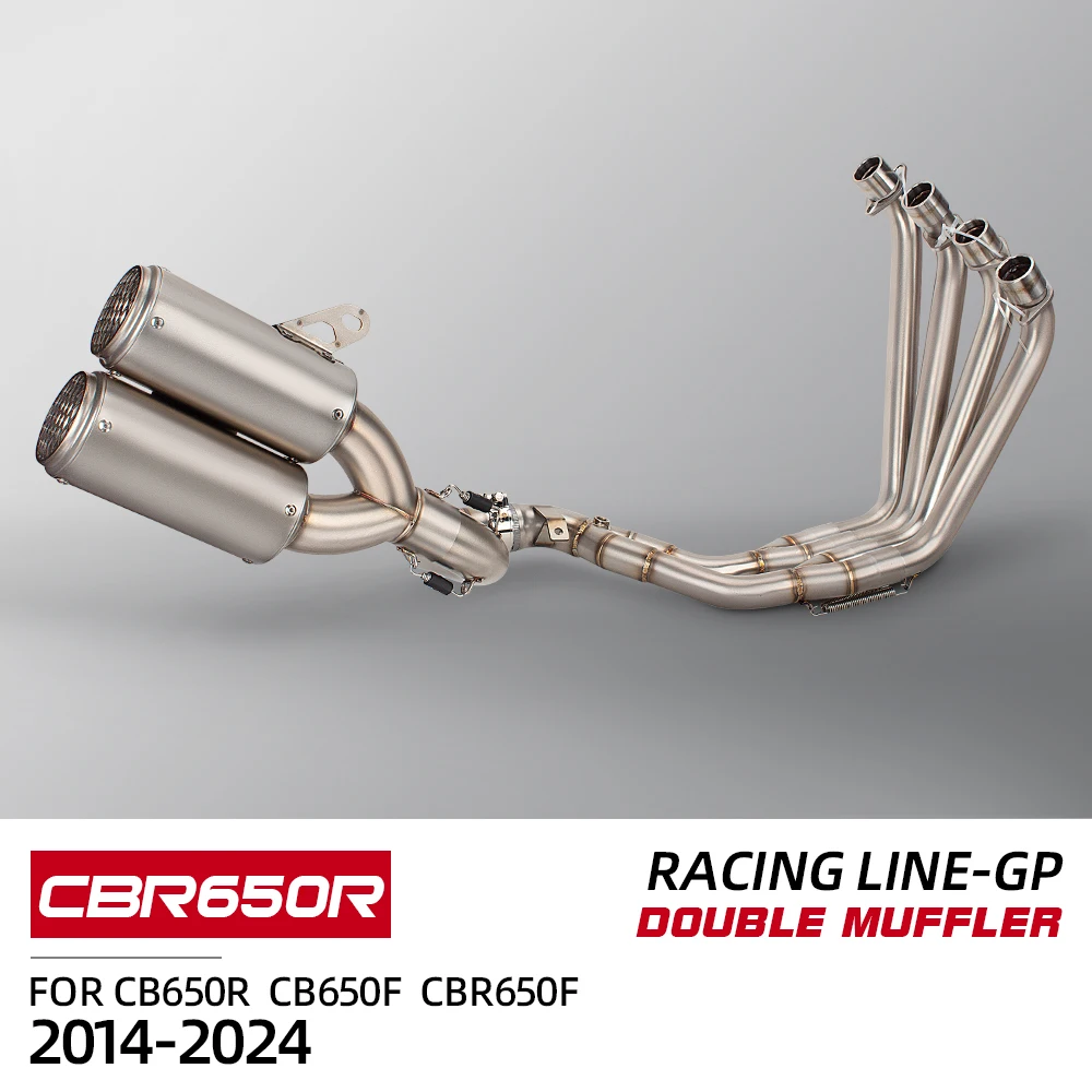 Фото Для Honda CBR650R CB650F CB650R CBR650F 2014-2024 надеваемая выхлопная система мотоцикла, модифицированная передняя соединительная труба, глушитель с двойным выходом №1