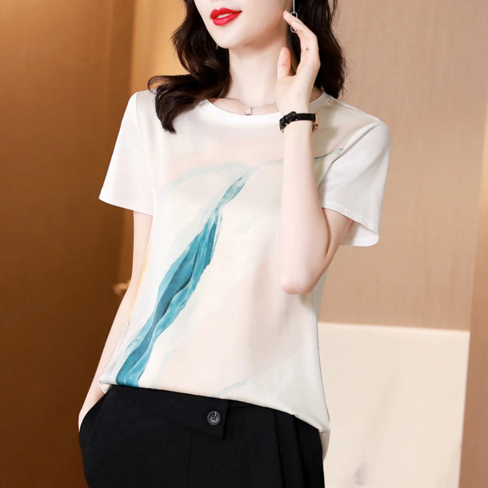 

Women's Silk T-Shirt Summer Fashion Tops Simple O-Neck Short Sleeve Satin Tops Casual Ladies Chic Printed T-Shirt