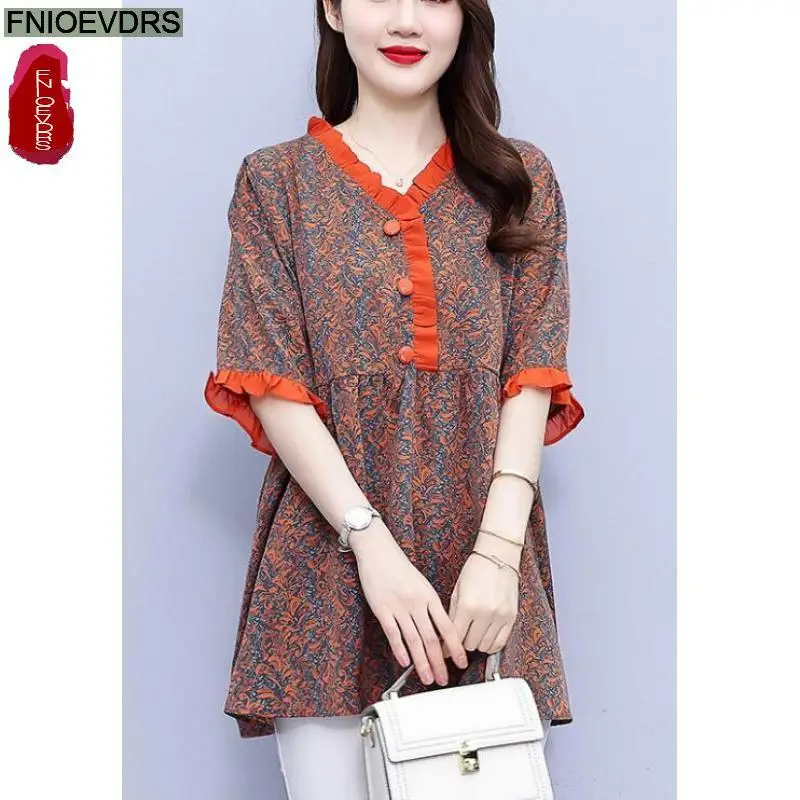

L-5XL Loose Clothes 2023 Women Summer Short Sleeve Elegant Ruffles Shirts Casual Retro Vintage Floral Tunic Peplum Tops Blouses