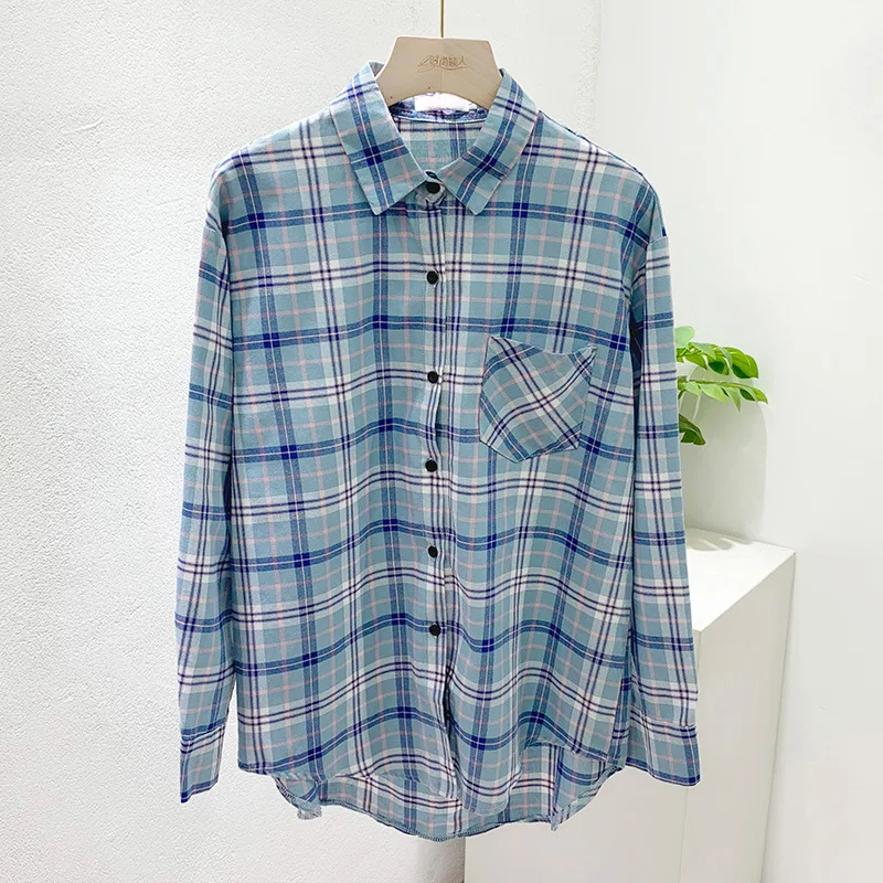 Блузка женская свободного кроя в клетку 100% хлопок с длинным рукавом