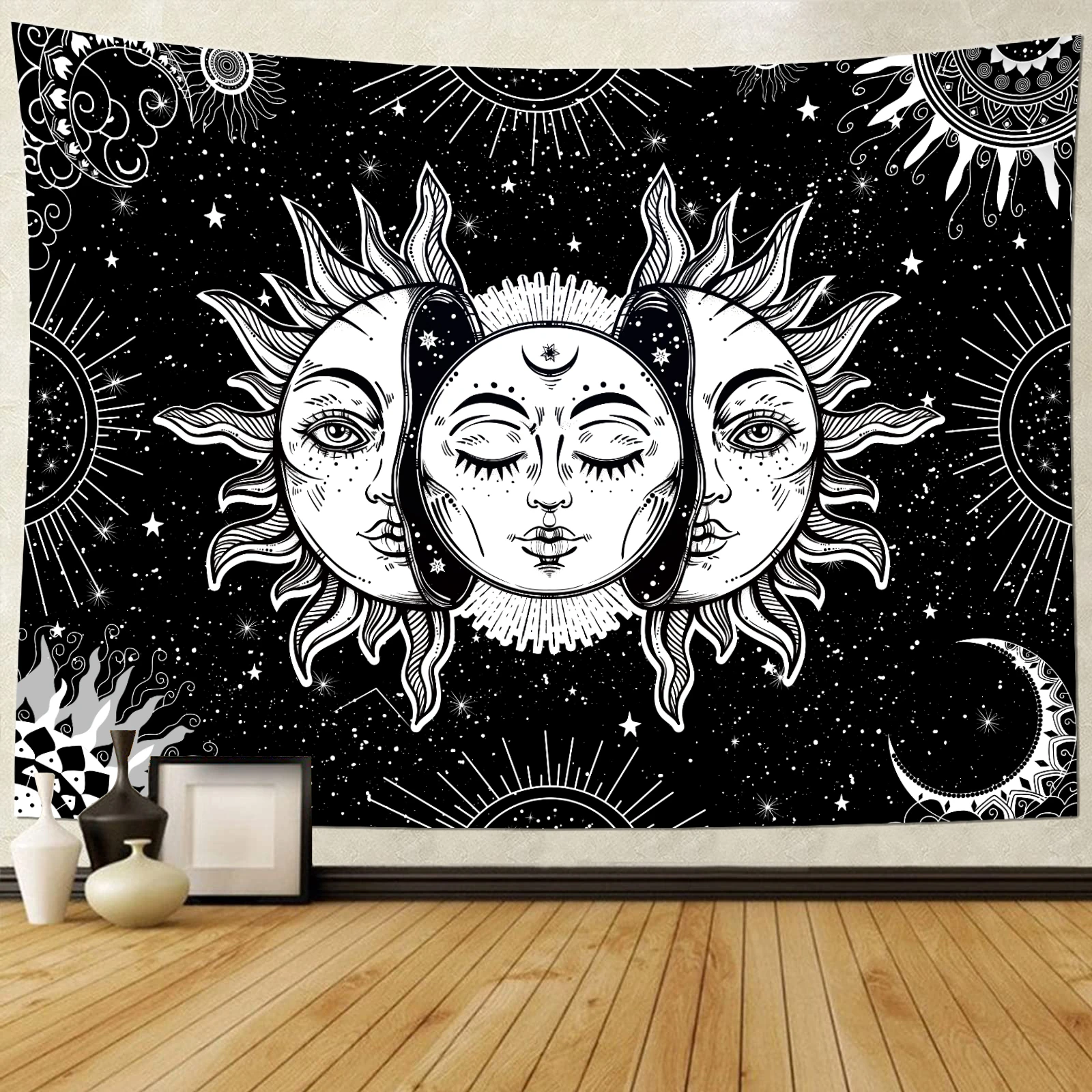 

Sun and Moon Tapestry Burning Sun with Stars Psychedelic Black White Indie Popular Mystic Wall Hanging for Bedroom Aesthetic