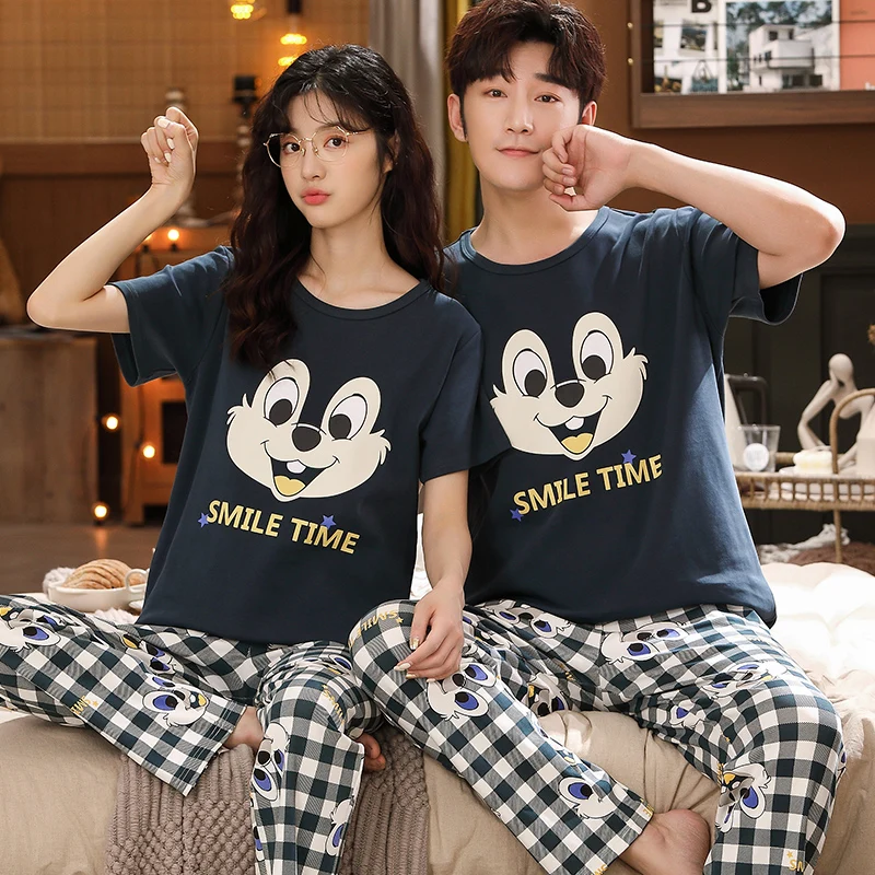 New Sleepwear Couple Men and Women Matching Home Suits Cotton Pjs Cartoon Prints Leisure Nightwear Plus Size Pajamas for Summer