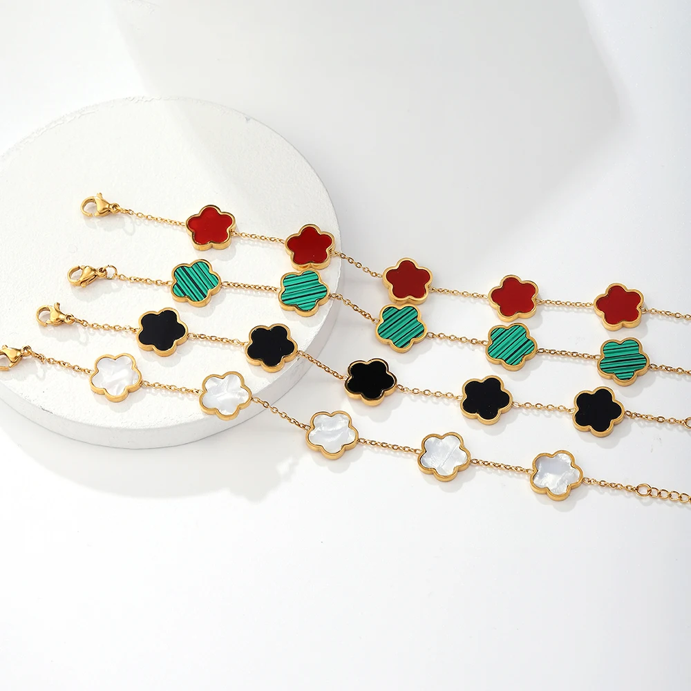 Trendy Colorful Shell 5 Flowers Charm Bracelet for Women Stainless Steel Chain Gold Plated No Fade Bracelet Five Leaf Jewelry
