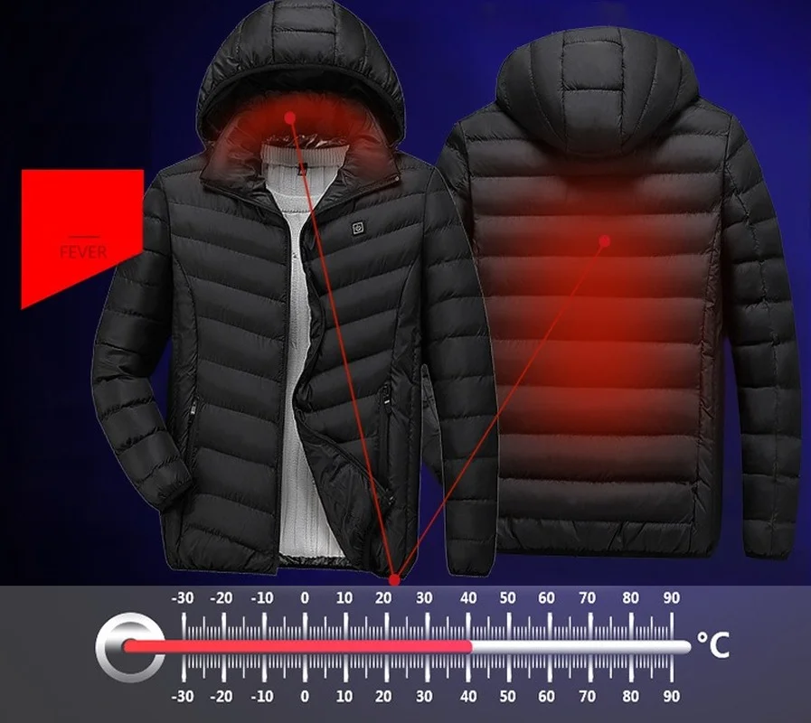 

Men Winter Warm USB Heating Jackets Smart Thermostat Pure Color Hooded Heated Clothing Waterproof Cotton Jacket Mens