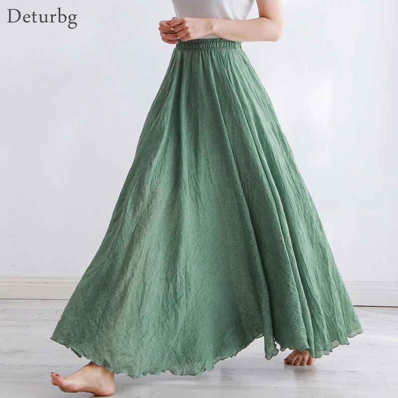 

High Quality Cotton Linen Maxi Skirt Womens Casual Elastic High Waist Pleated A-Line Beach Skirts Boho Saia Feminina Faldas Jupe