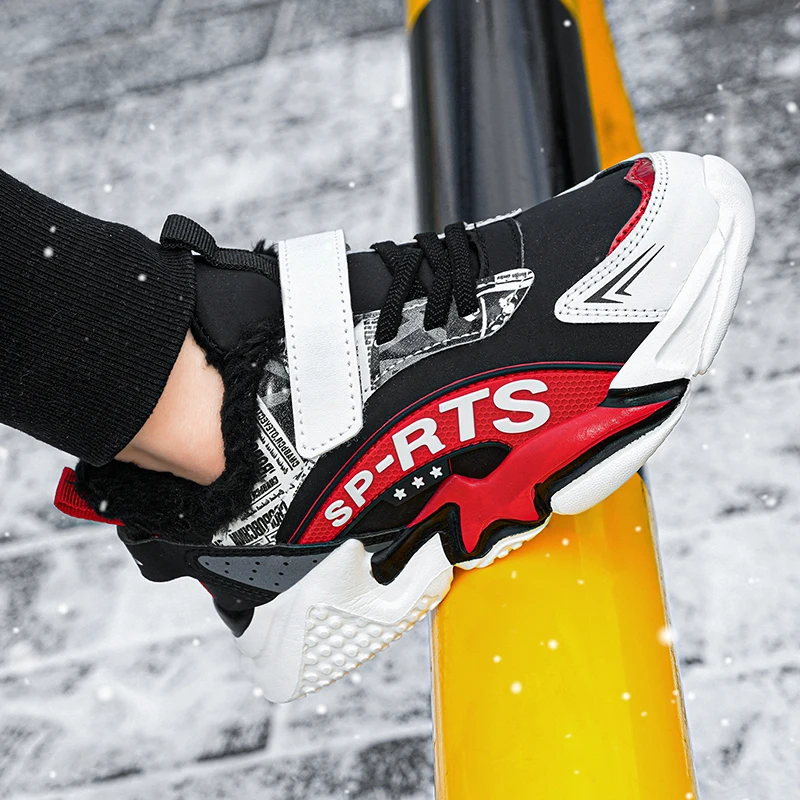 

Зимние детские кроссовки для мальчиков, нескользящая Водонепроницаемая повседневная обувь, теплые кроссовки из хлопка плюс, модная спорти...