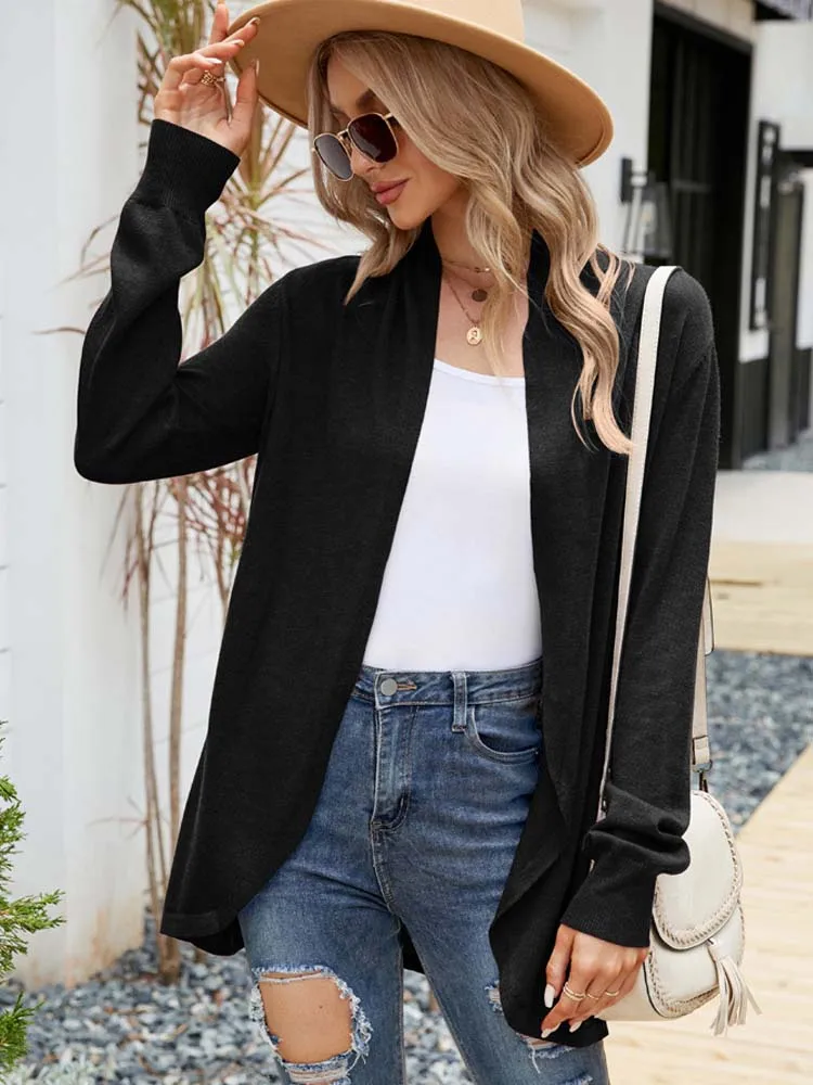 

Женский длинный кардиган, повседневный вязаный кардиган черного цвета с длинным рукавом, осень 2023