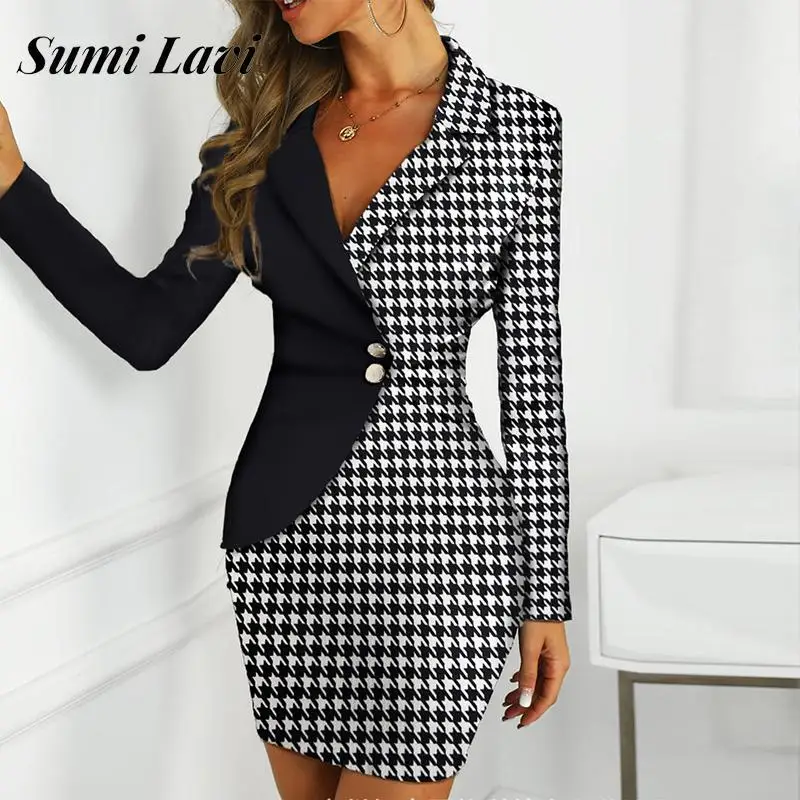 

Модное мини-платье с отложным воротником и поясом, элегантное офисное женское платье с принтом «гусиная лапка», Осеннее женское платье с дл...