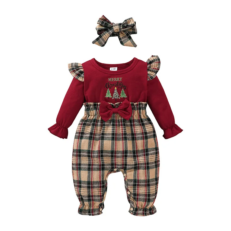 

Baby Girl Christmas Romper with Headband 2022 Fall Newborn Clothes Long Sleeve Jumpsuit 0-18 Months Babies Cute Onesie Clothing