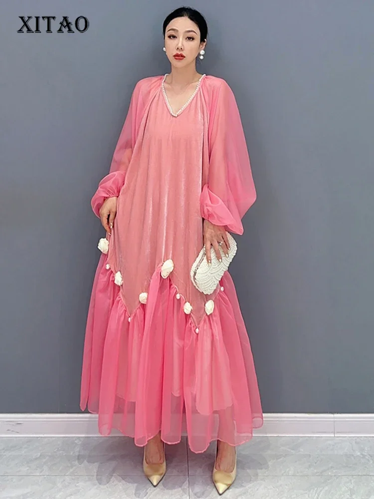 

XITAO Patchwork Mesh Fashion Dress Loose Casual Temperament V-neck Full Sleeve 2023 Autumn Women New A-line Dress DMJ2557