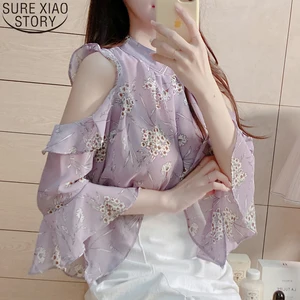 Косым воротником блузки для женщин рубашки для мальчиков повседневные топы в Корейском стиле фиолетовый Темно-синие Цветочный принт блузка сексуальное платье с открытыми плечами, шифоновая блузка 14301