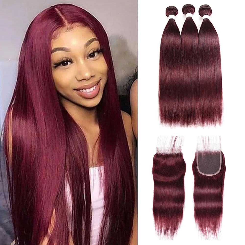 Luxediva Straight 99j Bundles With Closure Brown Bundles With Lace Closure 4x4 Human Hair Extension #2 #4 Light Brown Remy Hair