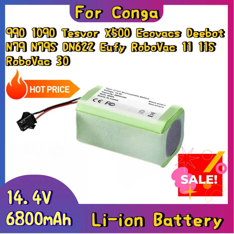 Фото Литий-ионный аккумулятор 14,4 В, 6800 мАч для Conga 990 1090 Tesvor X500 Ecovacs Deebot N79 N79S DN622 Eufy RoboVac 11 11S RoboVac 30 №1