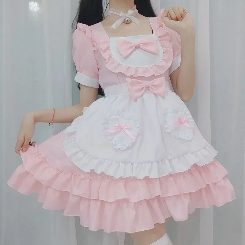 Girl Kawaii Bow Lolita Dress Vintage Ruffles Puff Sleeve A-line Dress The Maid Cosplay Costume Japanese Korean Fashion