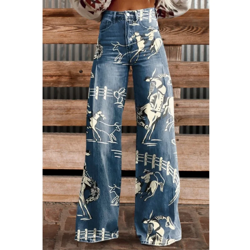 Женские популярные джинсы с рисунком в стиле ретро удобные 3D принтом для