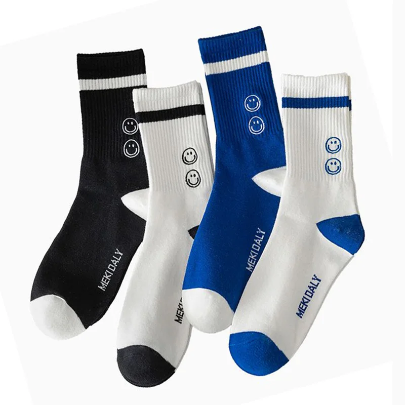 4 Pair Cute Smiling Face Socks For Men Fashion Long Cotton Socks Boy Breathable High Quality Sport Abrasion Resistant Chaussette