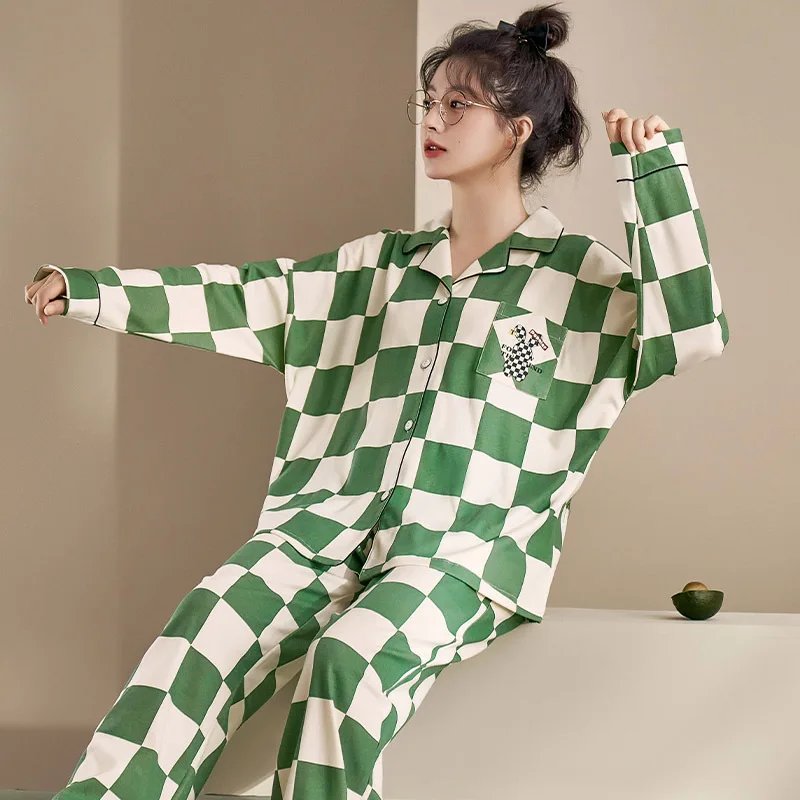 Spring Autuum Fashion Women's Casual Print Bear Pocket Sleepwear Homewear Cute Lovely Couple Pajamas Set With Pants Plaid Green
