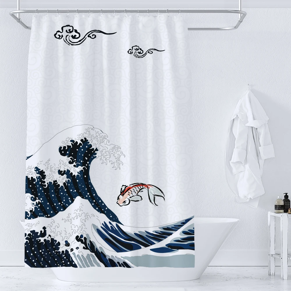 

Shower Curtain Green Japanese style Surfing in Kanagawa Print Nordic Minimalist Polyster Home Decor Bathroom Curtain with Hooks