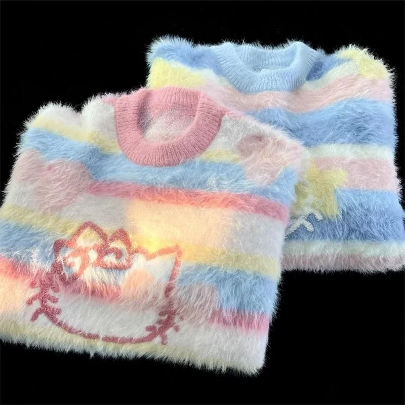 Женский трикотажный свитер Sanrio Полосатый пуловер в Корейском стиле с круглым