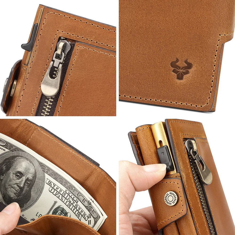 RFID Credit Card Holder Genuine Leather Wallet for Men with Zip Coin Pocket Aluminium Cardholder Case with Banknote Compartment