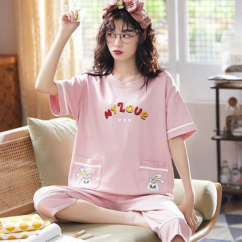 Anime Sleepwear Women's Cotton Pullover Pajama Girl Summer Women's Clothing Free Shipping Cartoon Thin Style Cropped Pants Sets