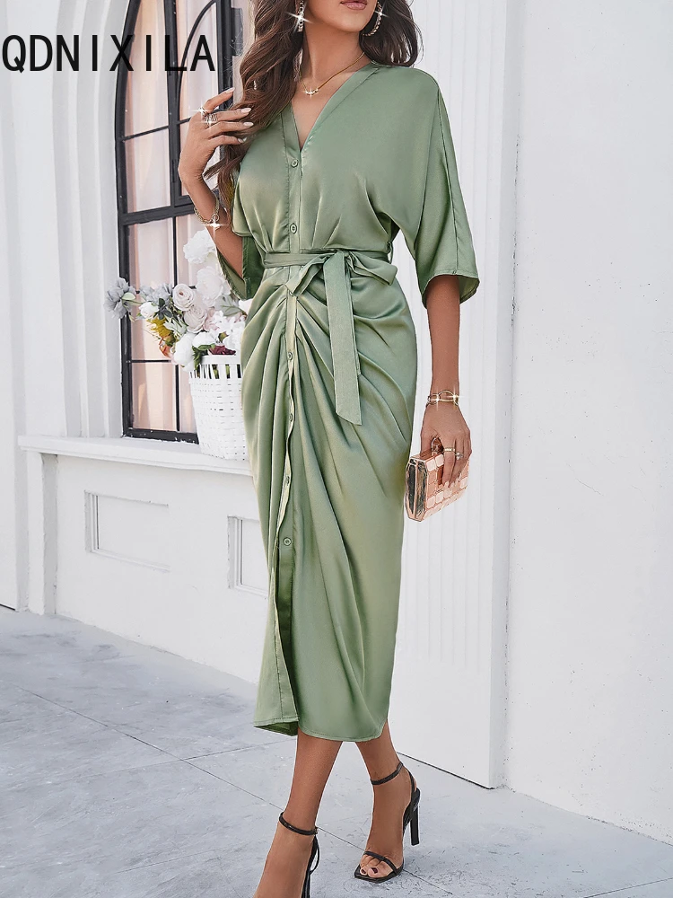 Женское однобортное платье Зеленое Длинное Платье с V-образным вырезом и