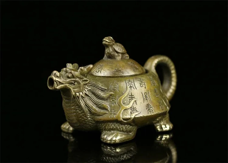 

Chinese old antique brass statue dragon turtle Tortoise teapot wine pot Flagon
