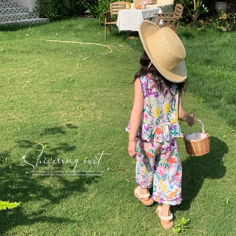 

Детские комплекты топы без рукавов пуловер с круглым вырезом детские брюки с эластичным поясом длиной до щиколотки милый модный с цветочным принтом для девочек