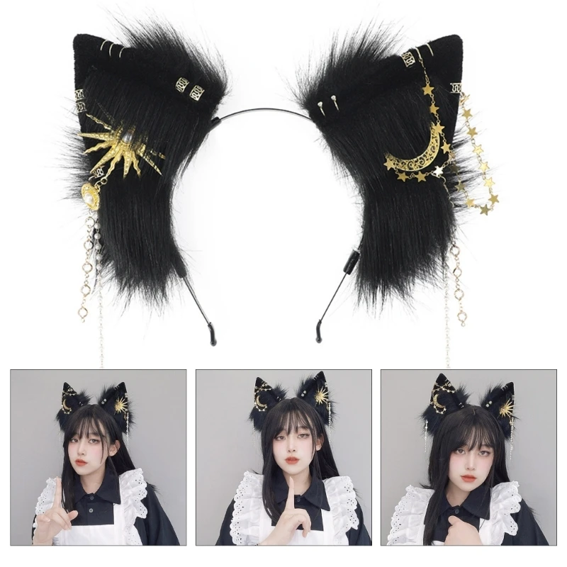 

Punk Wolf Ears Shape Headband with Dangle Jewelry Decors Hair Hoop Adult Cosplay Live Broadcast Easter Party Headpiece