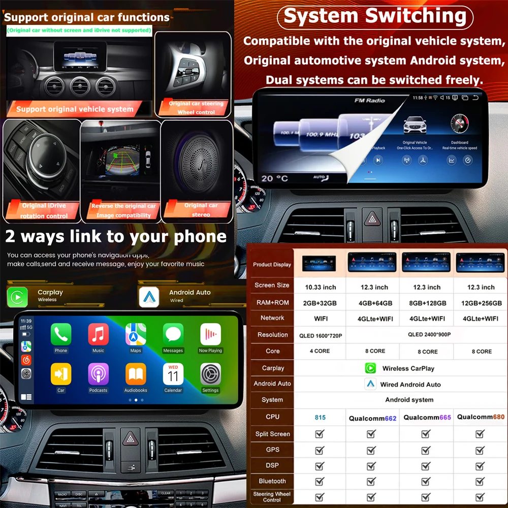 Фото Автомагнитола Android 16 для Mercedes Benz C-класса W204 2011-2014 (правый руль) с DSP, GPS, 4G, разделенным экраном, Bluetooth и Wi-Fi №3