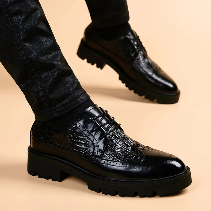 

men luxury fashion party nightclub dress genuine leather shoes crocodile pattern brogue shoe black trend gentleman footwear mans