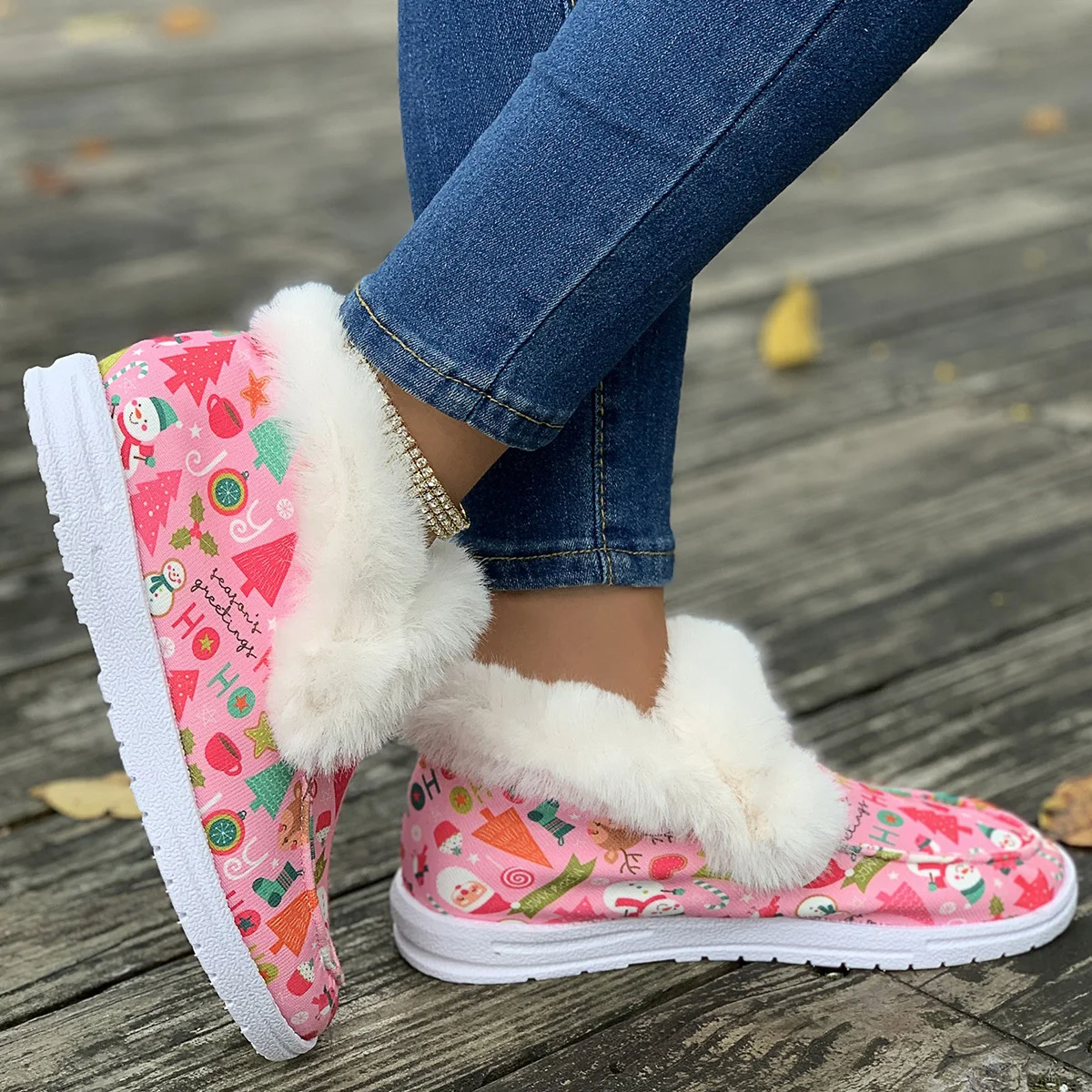 Женские парусиновые ботинки с принтом Санта Клауса рождественские пушистые