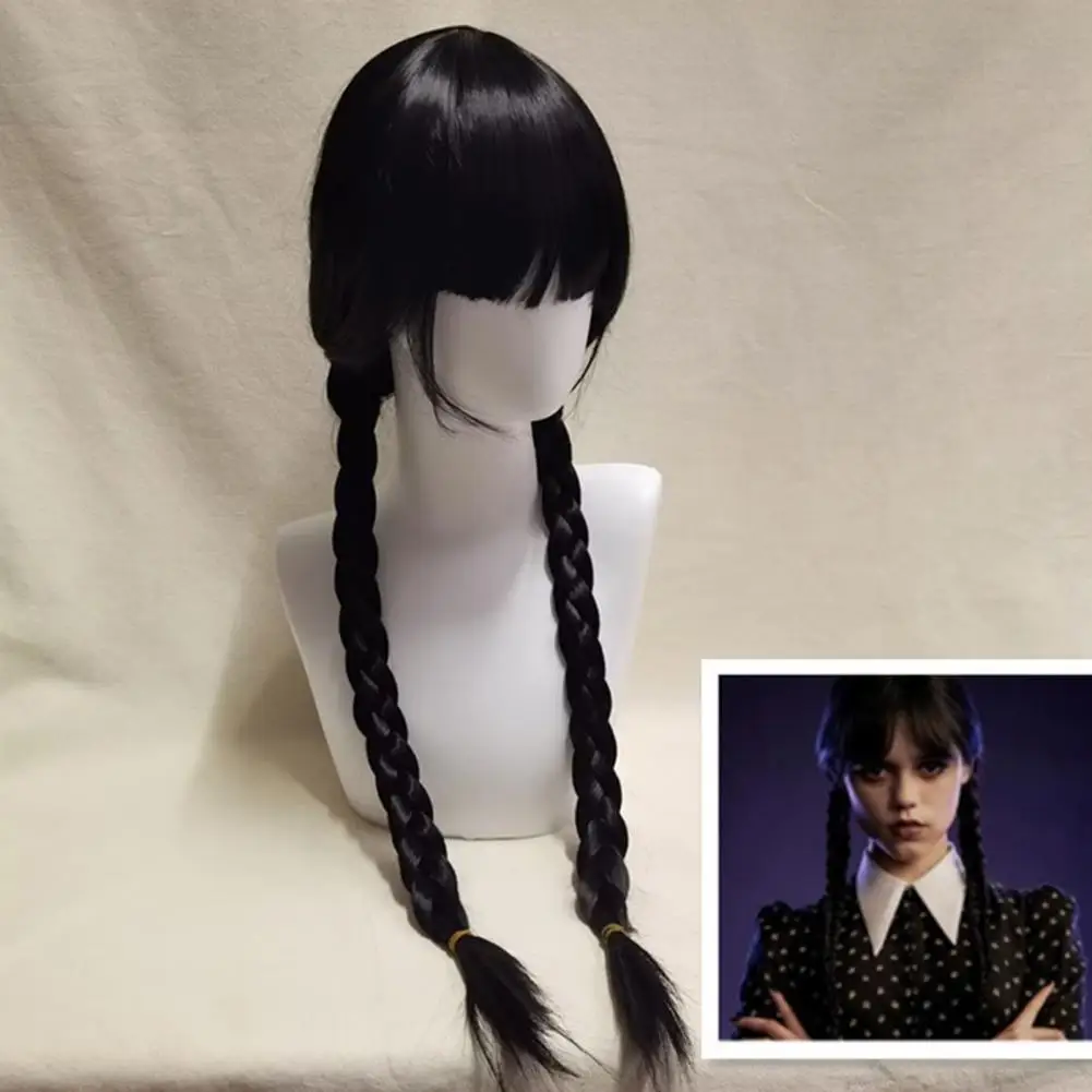 

Cosplay Women Long Hair Wig with Bangs High Temperature Resistant Synthet Braided Wig Halloween for Movie Wednesday Addams
