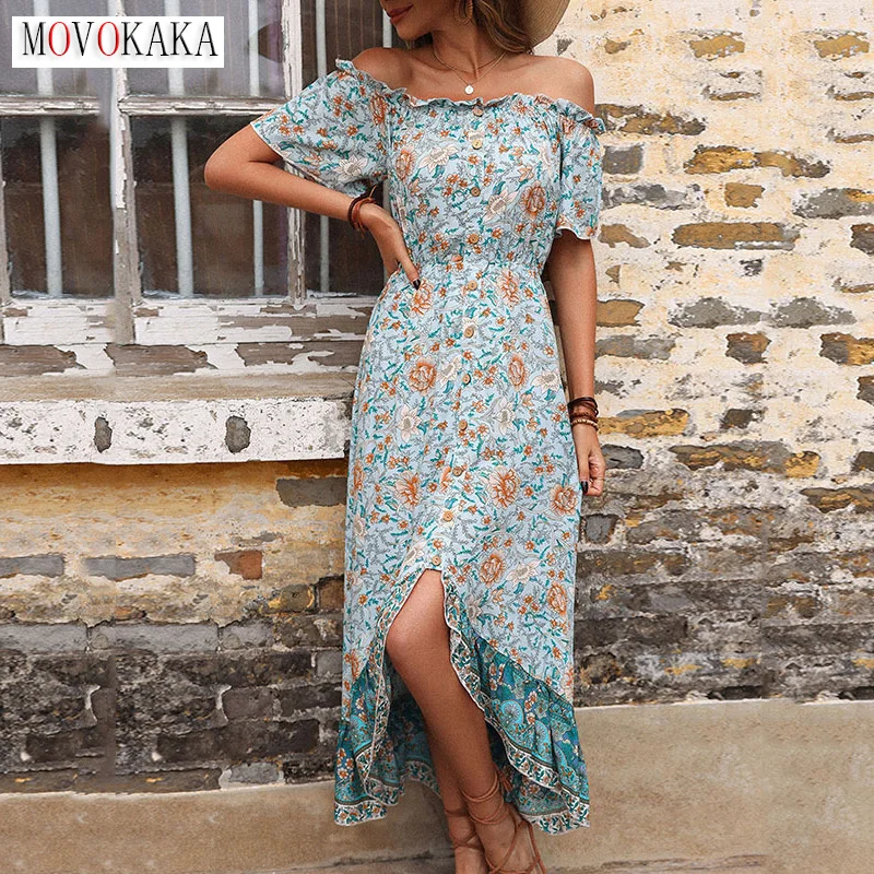 

MOVOKAKA Woman Summer Viscose Long Dress Beach Casual Holiday Slash Neck Floral Printing Vestidos Button Vintage Elegant Dresses