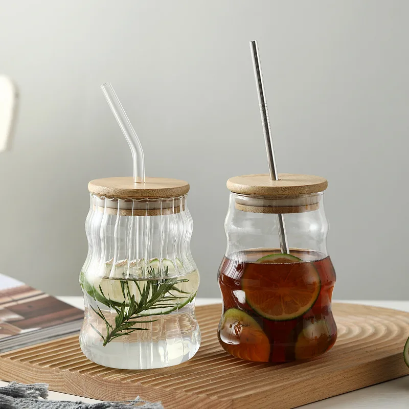 

260-500ml Glass Cups With Lid and Straw Mason Jar Clear Juice Milk Cup With Bamboo Lids Drinkware Stripe Glasses Coffee Mug