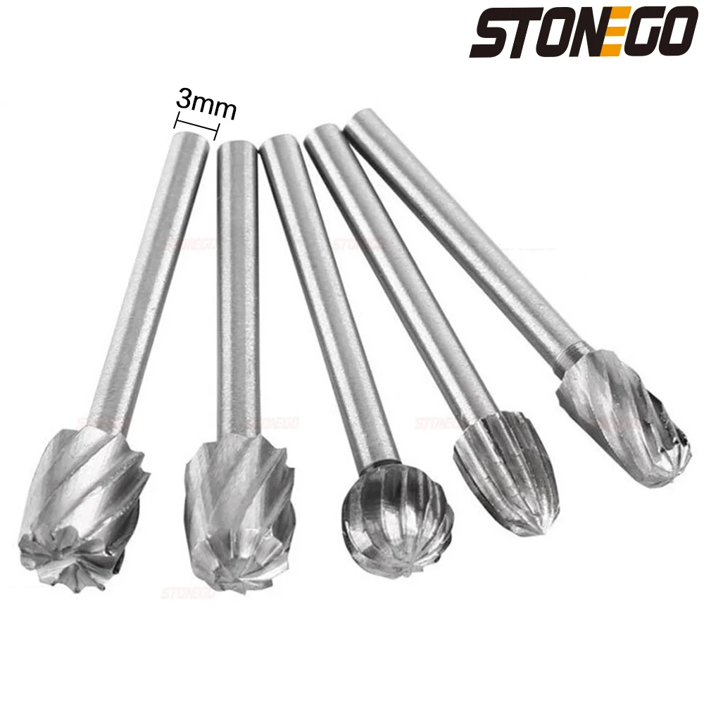 

STONEGO 1/8" Shank HSS Rotary File Burr Set - Woodworking, Carving, Engraving, Drilling - 3mm Burrs for DIY Projects