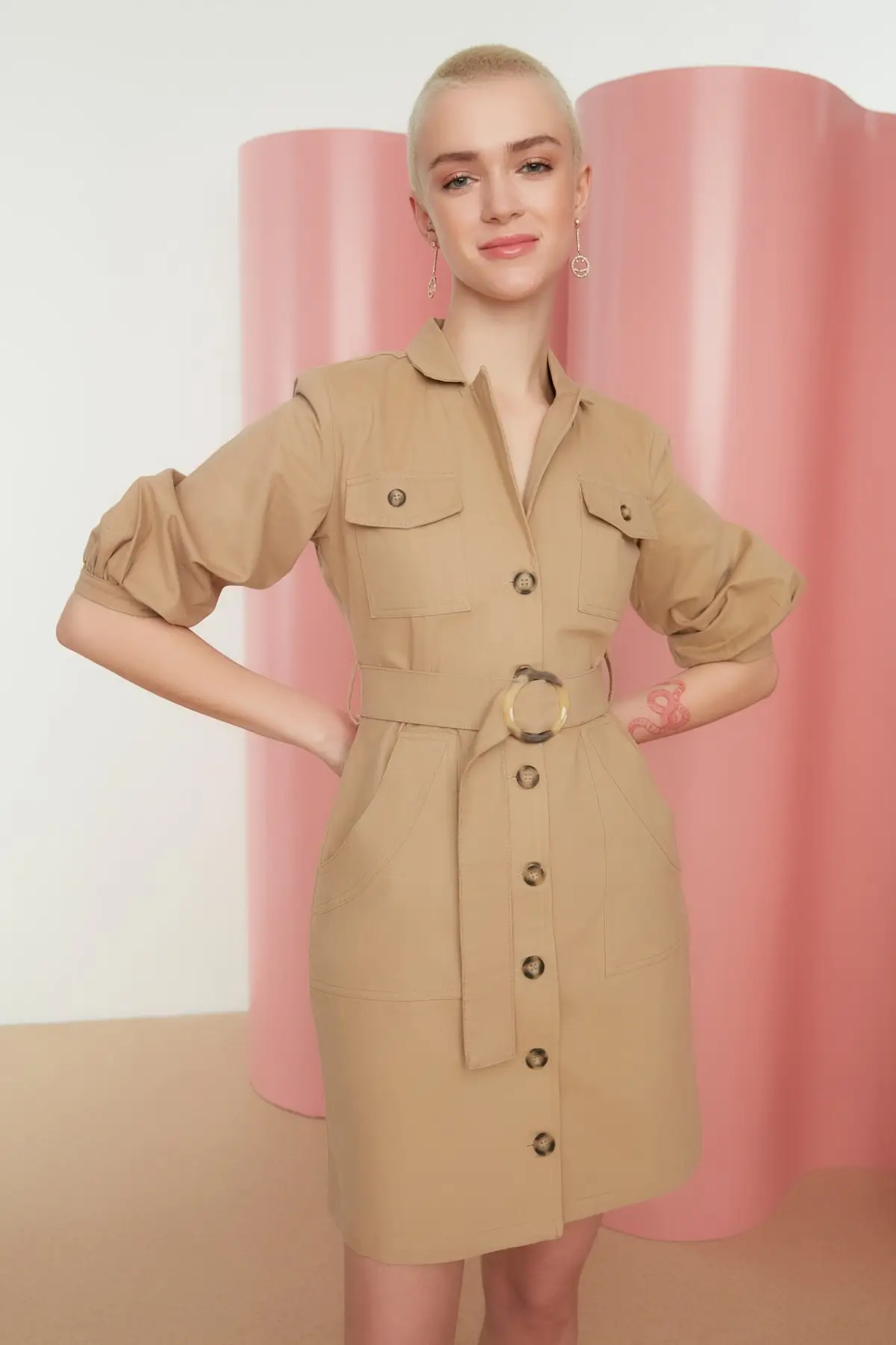 

Camel Belt Shirt Dress TWOAW20EL1156 Short Button Balloon Sleeve Casual Flat Regular Collar Mini Brown Cotton