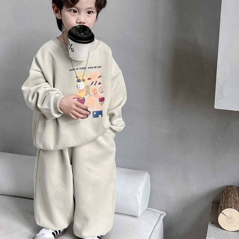 

Детский осенний повседневный комплект, детский однотонный плюшевый пуловер и повседневные брюки, комплект из двух предметов, зимний утепленный флисовый комплект 2023