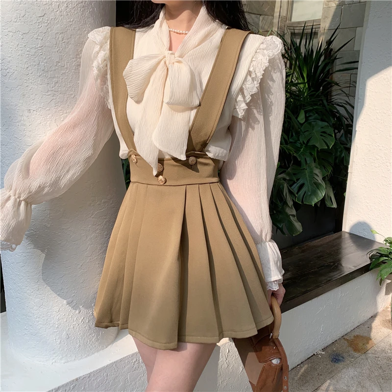 Шифоновая кружевная Свободная блузка с длинным рукавом и бантом + узкая юбка