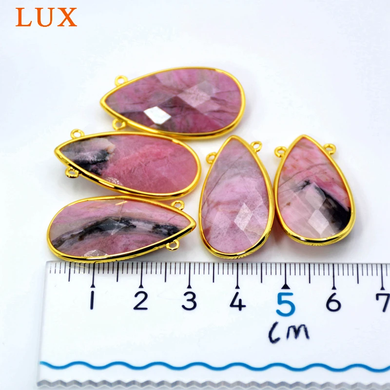 Natural Rhodonite Pendant Teardrop Connector 30x15mm Handmade Gold Bezel Gemstone Charm Red Stone Jewelry | Украшения и