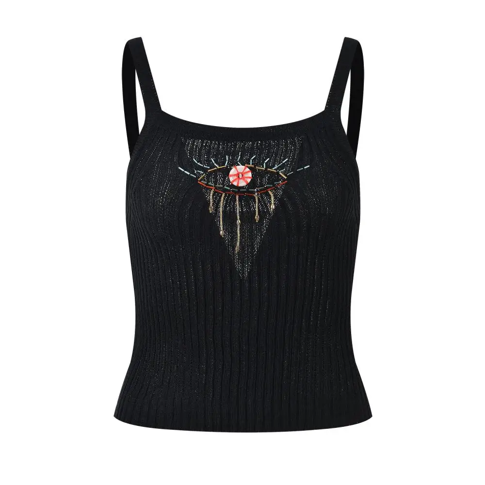 Женский трикотажный жилет на бретелях облегающий черный Трикотажный в полоску с