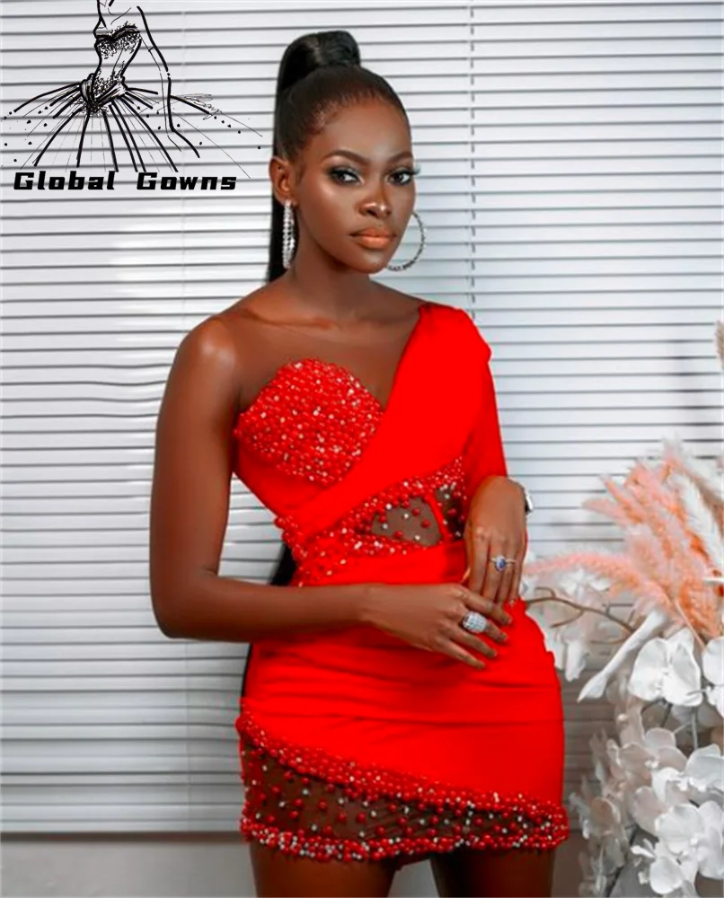 

Aso Ebi African Red O Neck Short Prom Dresses Beaded Birthday Party Gown Cut Out Mini Cocktail Black Girls Robe De Bal