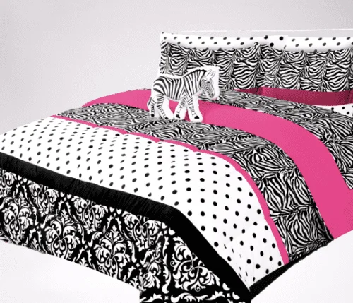 

6-PC Twin Zebra pink complete bed in bag comforter bedding set with furry friend and matching sheet set for kids boys girls supe